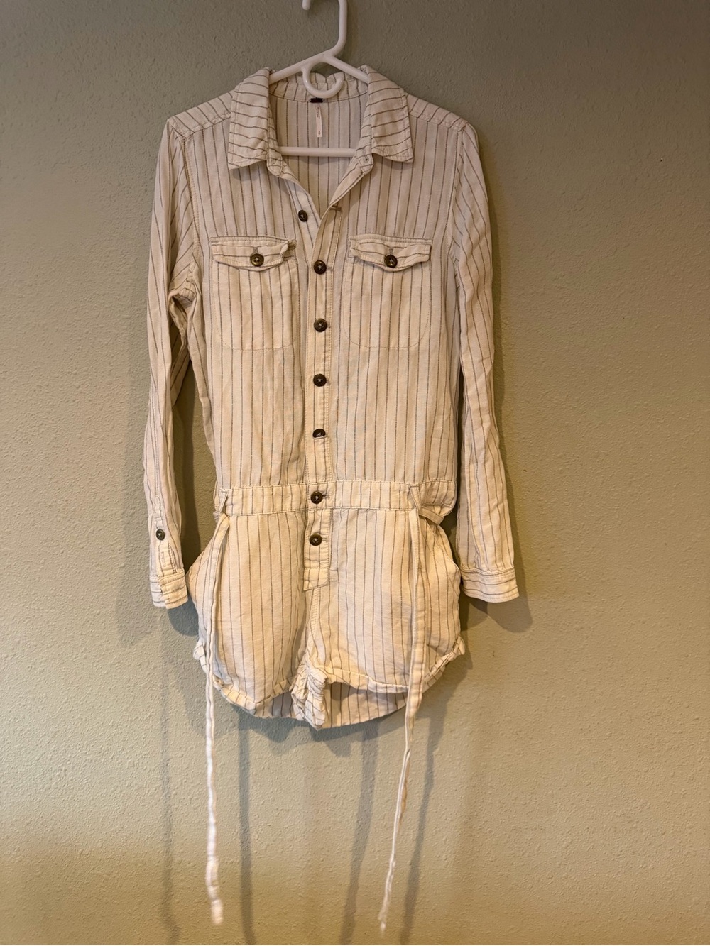 Free People Striped Linen Blend Long Sleeve Utility Romper - Size S